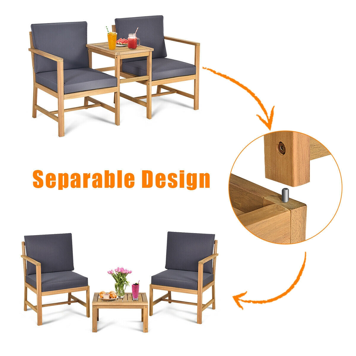 3-In-1 Acacia Wood Loveseat, With Separable Coffee Table, Natural Patio Conversation Sets at Gallery Canada