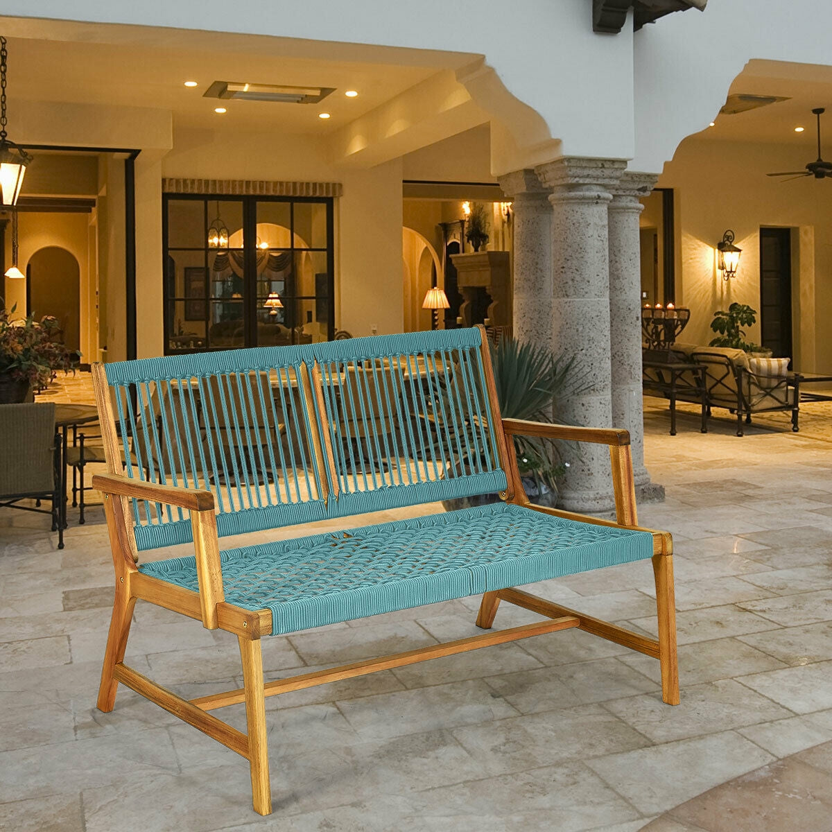 2-Person Acacia Wood Bench, Turquoise Outdoor Benches at Gallery Canada
