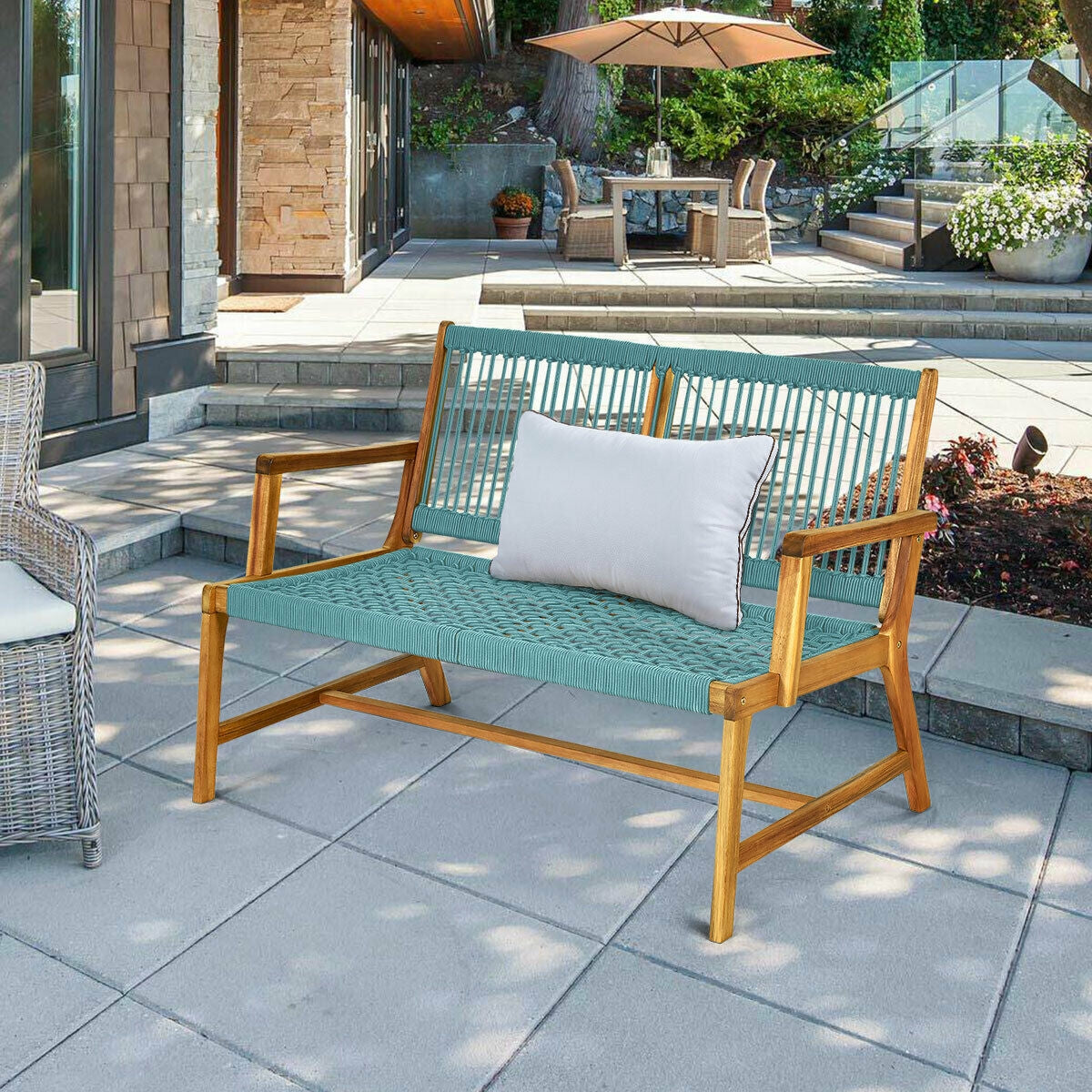 2-Person Acacia Wood Bench, Turquoise Outdoor Benches at Gallery Canada