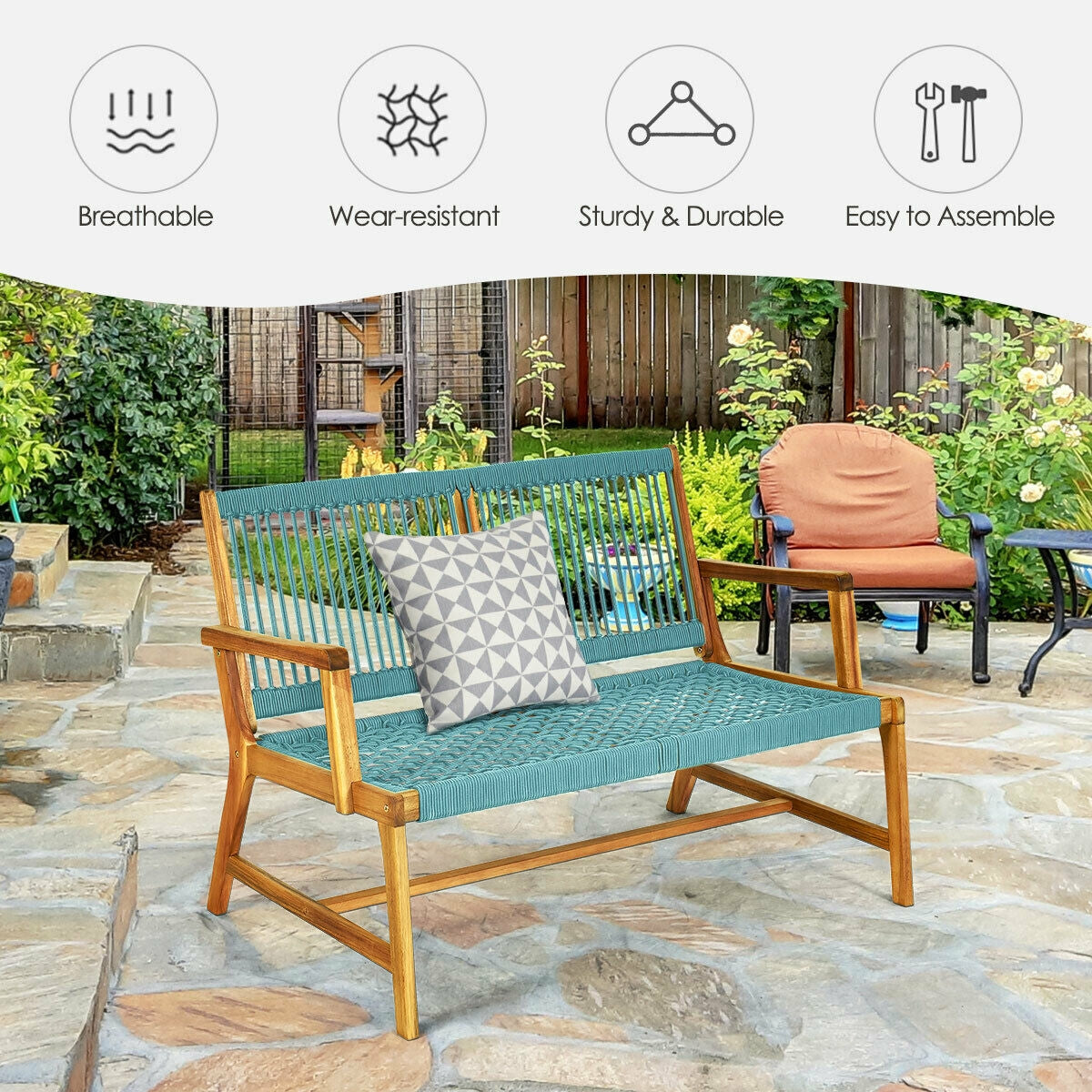 2-Person Acacia Wood Bench, Turquoise Outdoor Benches at Gallery Canada