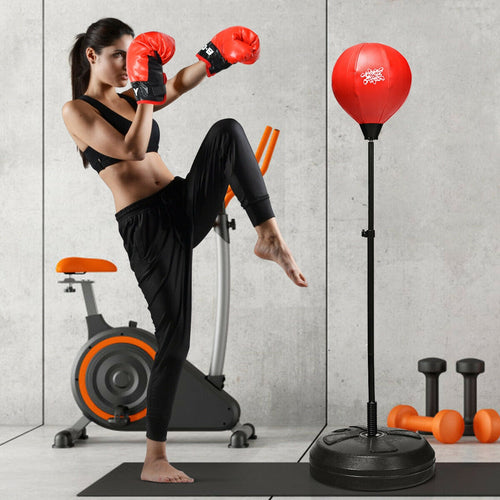 Adjustable Height Punching Bag With Stand, Boxing Gloves, Black Red