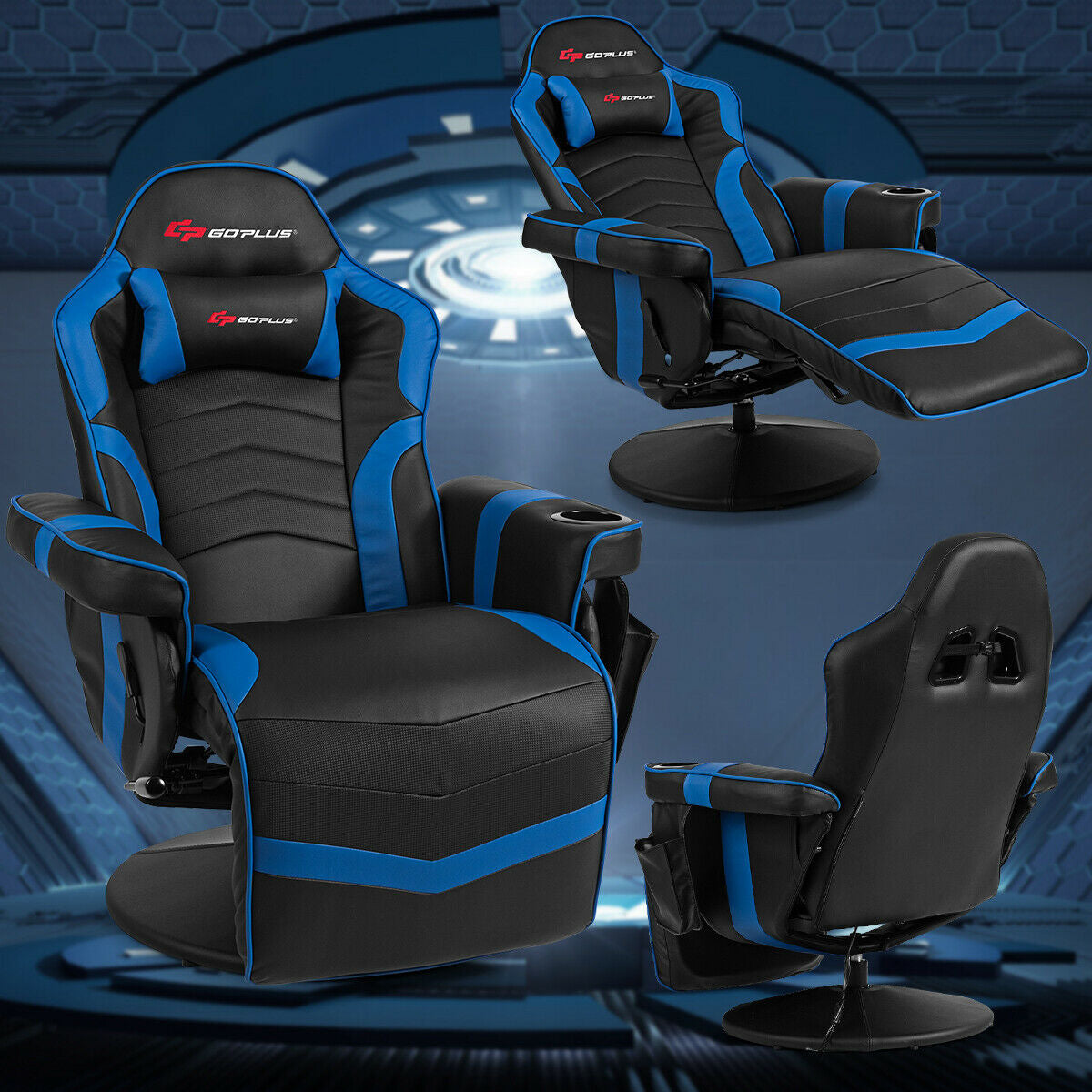 Ergonomic High Back Massage Gaming Chair, Blue Gaming Chairs at Gallery Canada