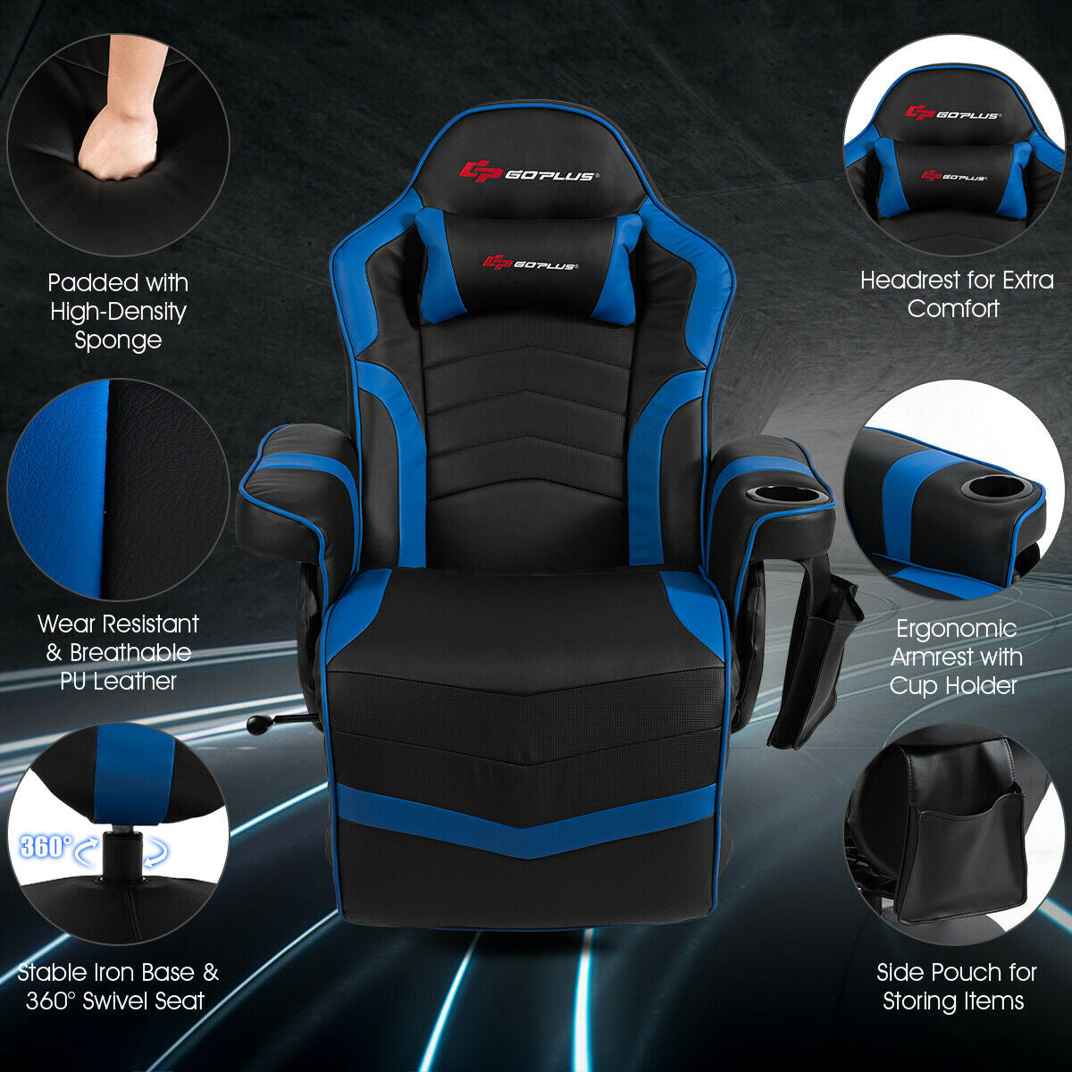 Ergonomic High Back Massage Gaming Chair, Blue Gaming Chairs at Gallery Canada