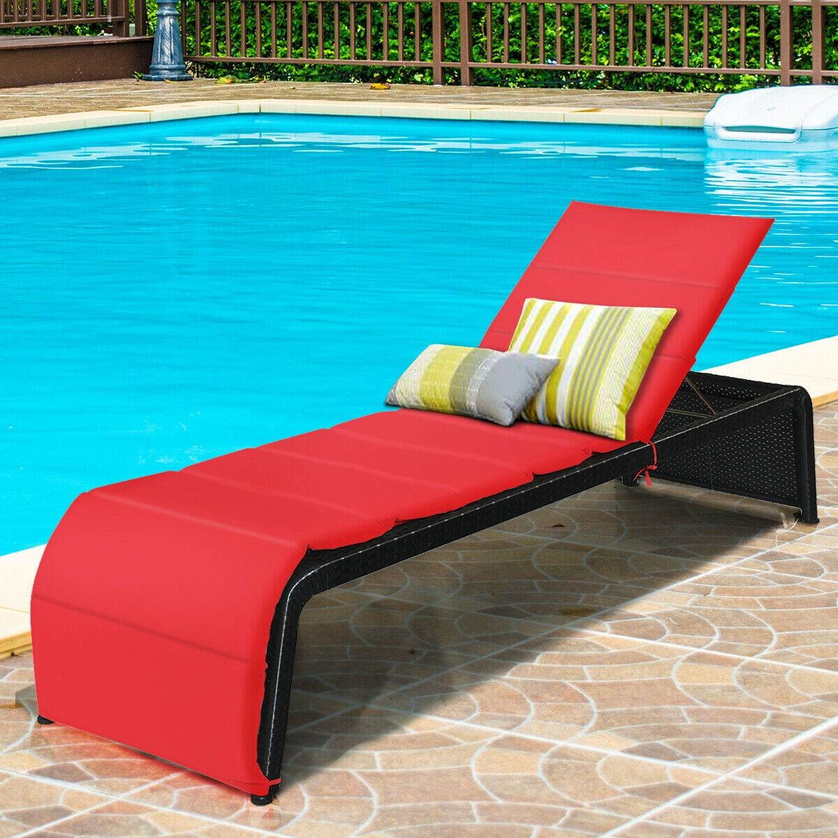Adjustable Patio Rattan Lounge Chair With Cushions, Red Outdoor Chaise Lounges at Gallery Canada