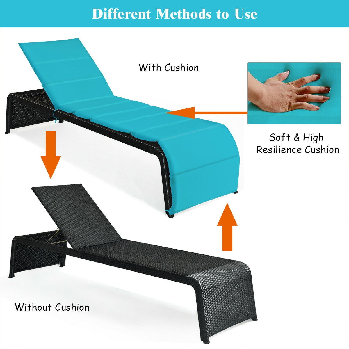 Adjustable Patio Rattan Lounge Chair With Cushions, Turquoise Outdoor Chaise Lounges at Gallery Canada