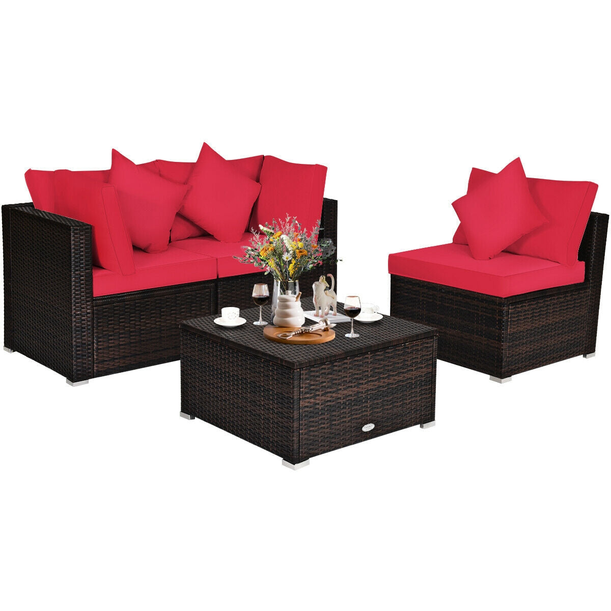 4 Pcs Rattan Patio Furniture Set, Cushioned Sofa, Red Outdoor Sectionals at Gallery Canada