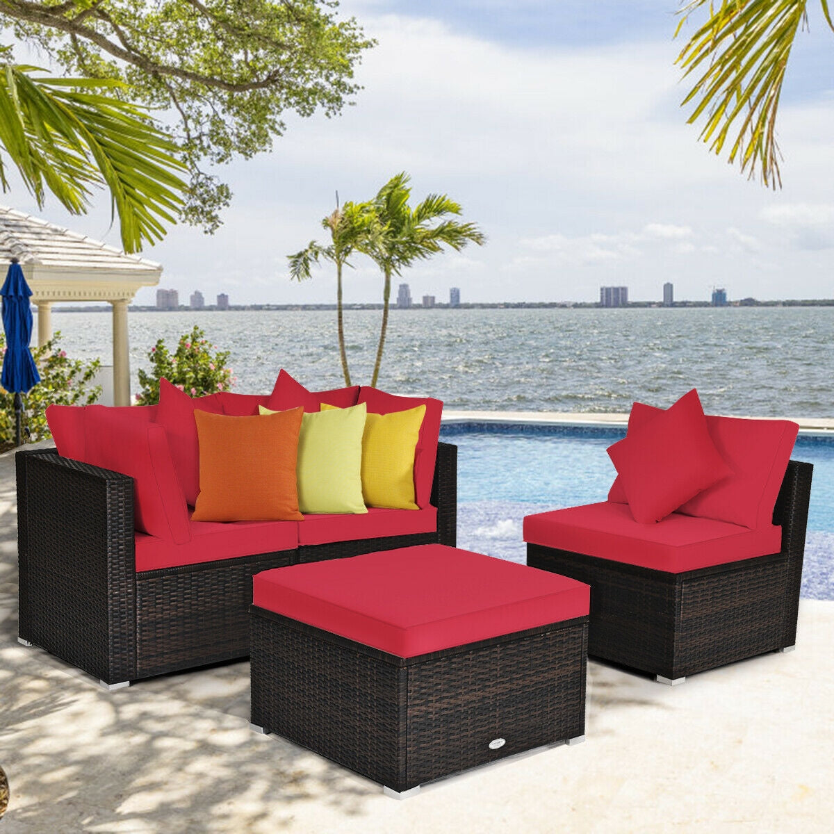 4 Pcs Rattan Patio Furniture Set, Cushioned Sofa, Red Outdoor Sectionals at Gallery Canada