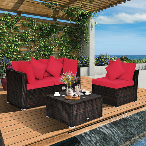 4 Pcs Rattan Patio Furniture Set, Cushioned Sofa, Red