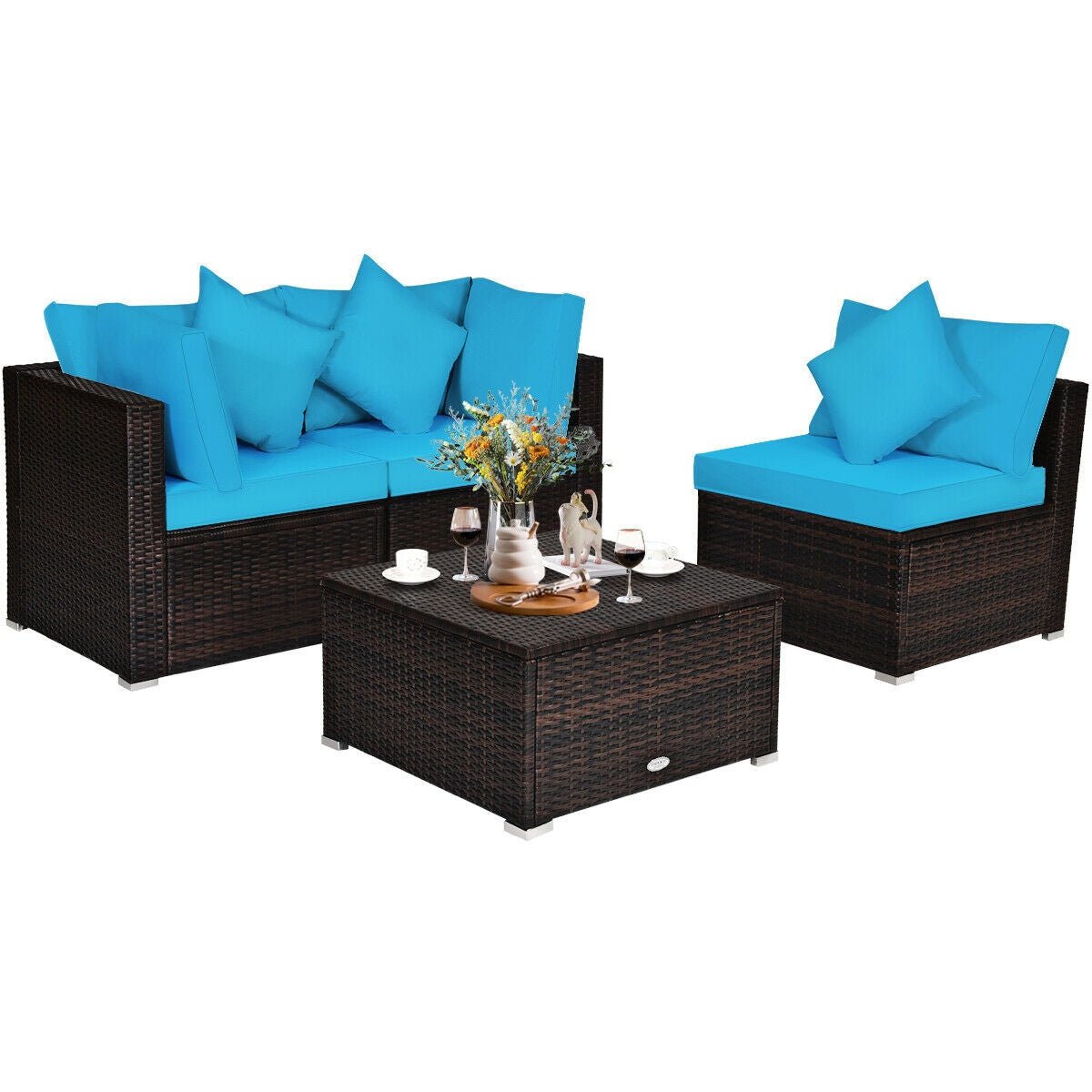 4 Pcs Ottoman Garden Furniture Set, Rattan Wicker Sofa, Turquoise Outdoor Sectionals at Gallery Canada