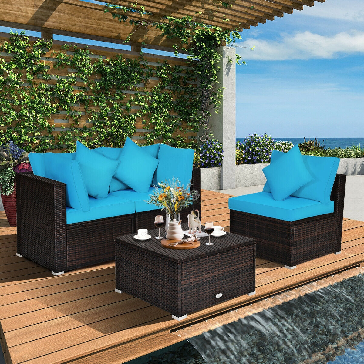 4 Pcs Ottoman Garden Furniture Set, Rattan Wicker Sofa, Turquoise Outdoor Sectionals at Gallery Canada