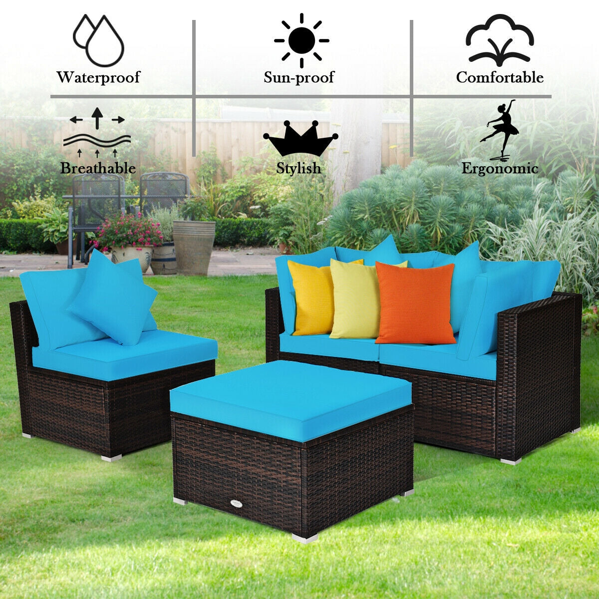 4 Pcs Ottoman Garden Furniture Set, Rattan Wicker Sofa, Turquoise Outdoor Sectionals at Gallery Canada