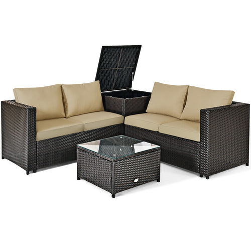 4 Piece Rattan Patio Furniture Set, Cushioned Loveseat With Storage Box, Brown