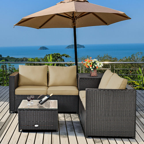 4 Piece Rattan Patio Furniture Set, Cushioned Loveseat With Storage Box, Brown
