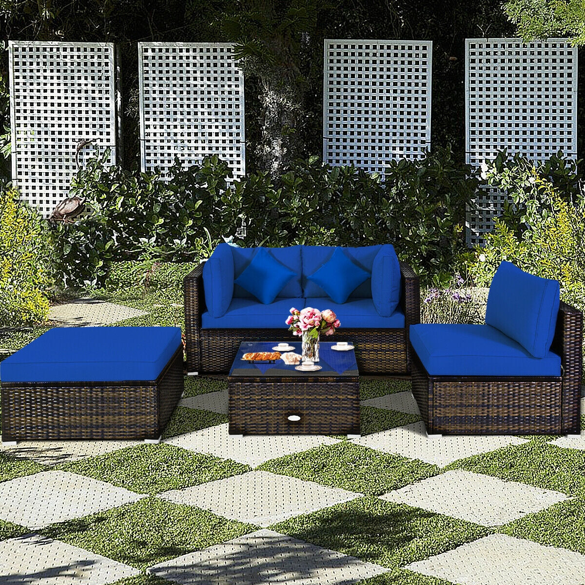 5 Pcs Outdoor Patio Rattan Furniture Set, Navy Outdoor Sectionals at Gallery Canada