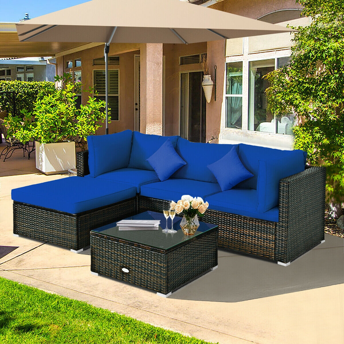 5 Pcs Outdoor Patio Rattan Furniture Set, Navy Outdoor Sectionals at Gallery Canada