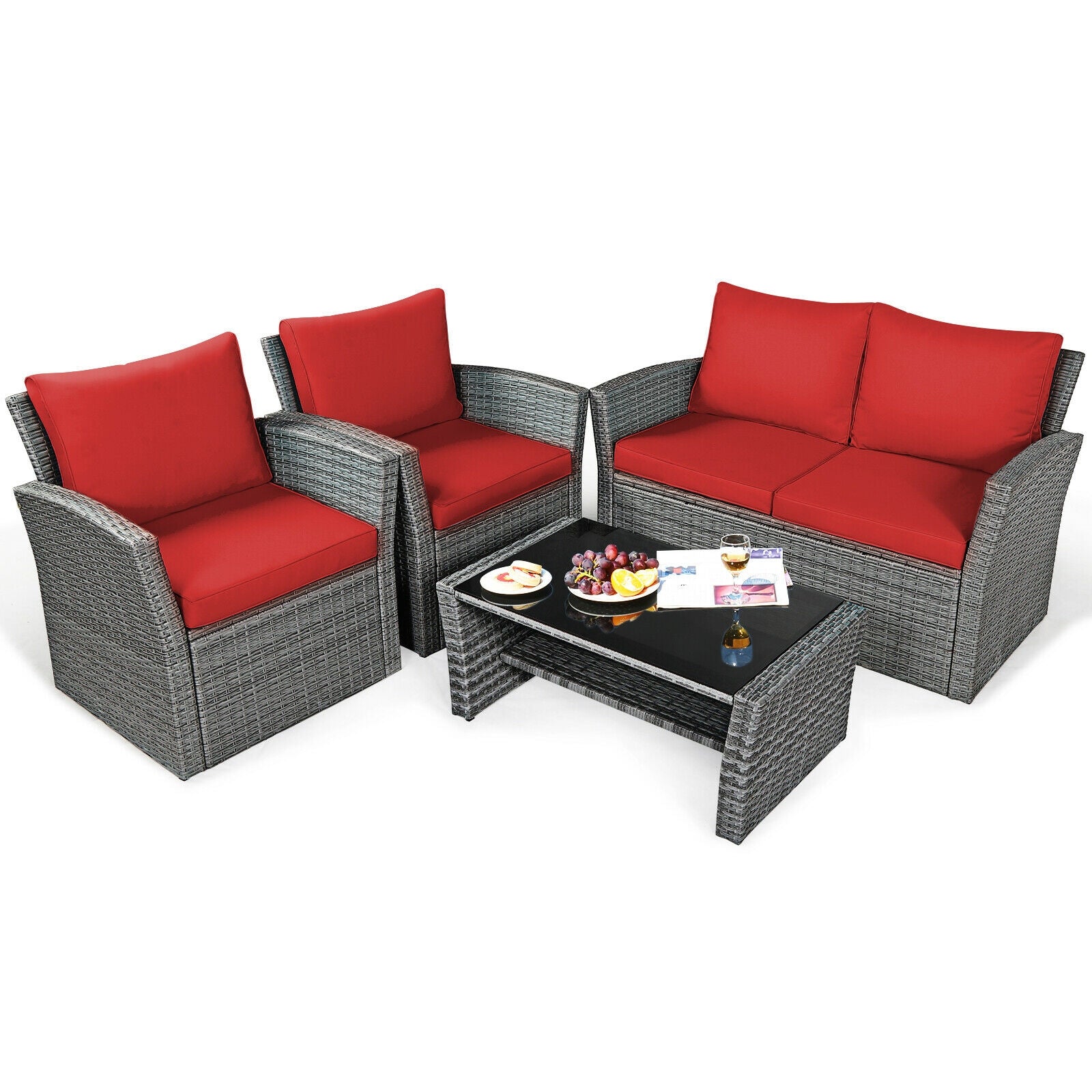 4 Piece Patio Rattan Furniture Set, Sofa Table With Storage Shelf, Red Patio Conversation Sets at Gallery Canada