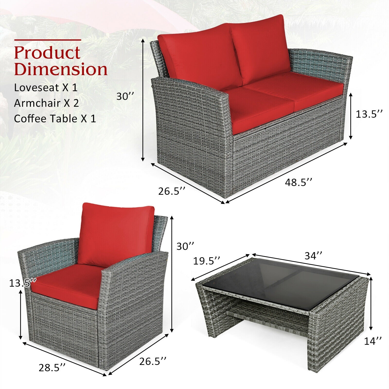 4 Piece Patio Rattan Furniture Set, Sofa Table With Storage Shelf, Red Patio Conversation Sets at Gallery Canada