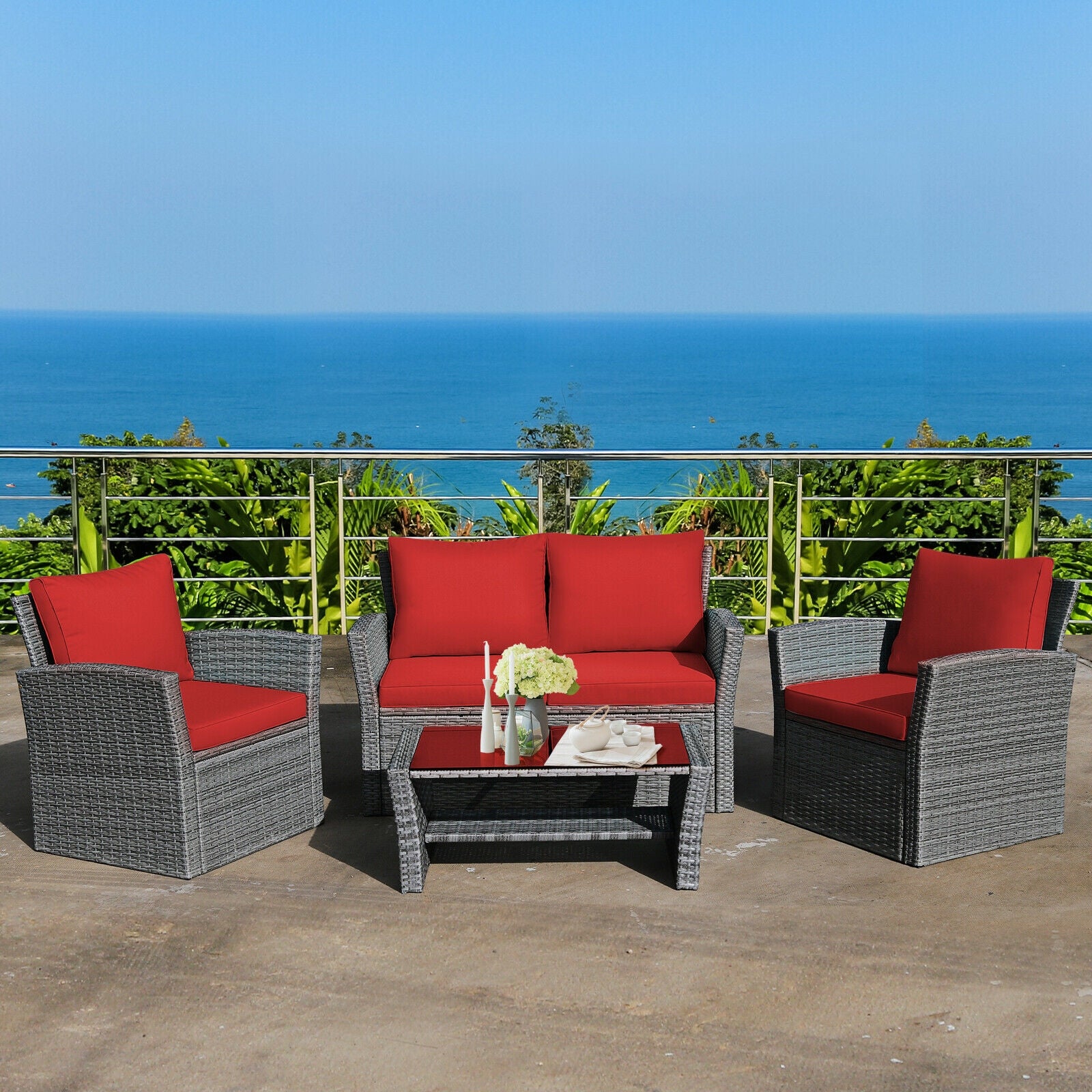 4 Piece Patio Rattan Furniture Set, Sofa Table With Storage Shelf, Red Patio Conversation Sets at Gallery Canada