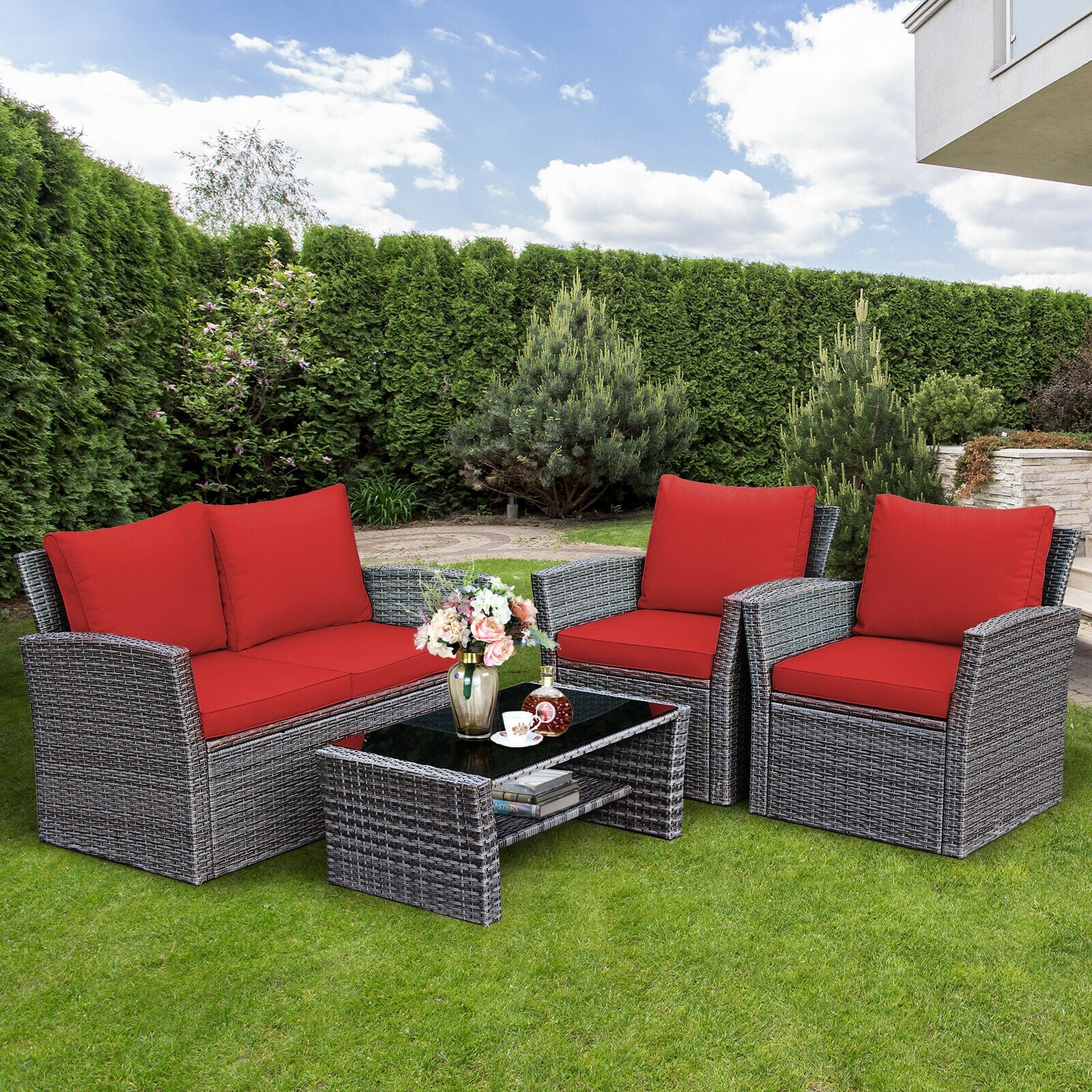 4 Piece Patio Rattan Furniture Set, Sofa Table With Storage Shelf, Red Patio Conversation Sets at Gallery Canada