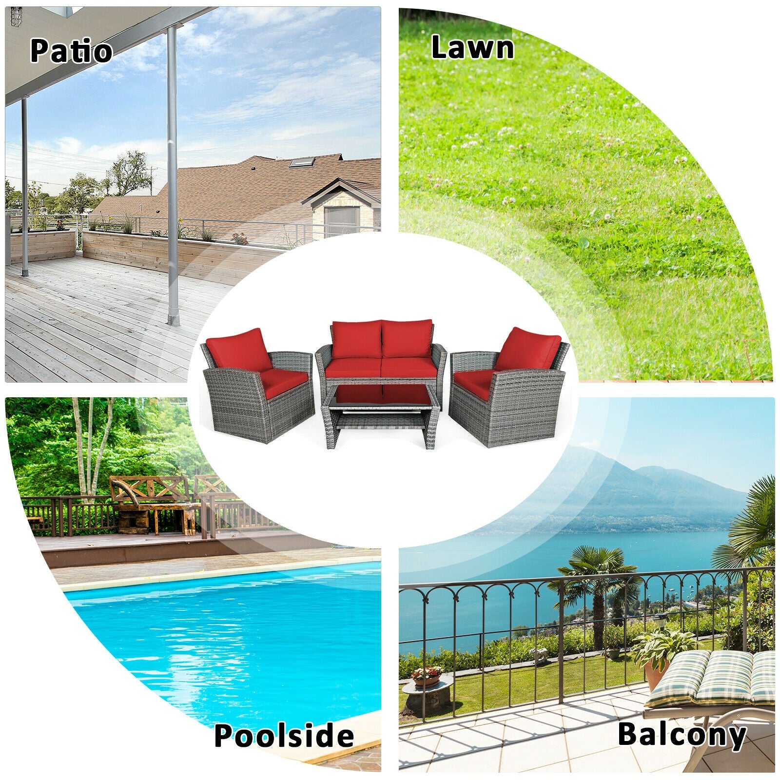 4 Piece Patio Rattan Furniture Set, Sofa Table With Storage Shelf, Red Patio Conversation Sets at Gallery Canada