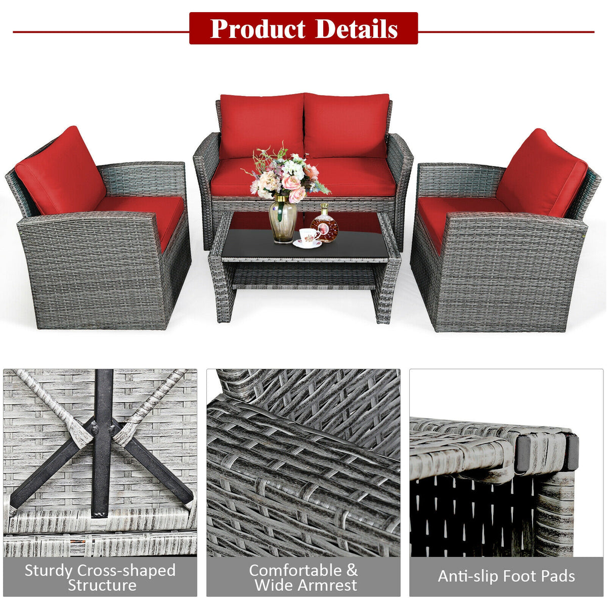 4 Piece Patio Rattan Furniture Set, Sofa Table With Storage Shelf, Red Patio Conversation Sets at Gallery Canada