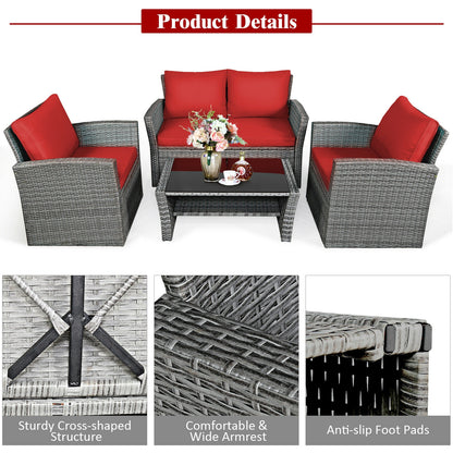 4 Piece Patio Rattan Furniture Set, Sofa Table With Storage Shelf, Red Patio Conversation Sets at Gallery Canada