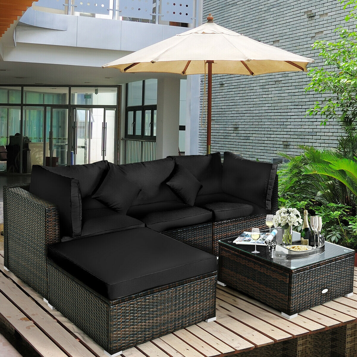 5 Pcs Outdoor Rattan Furniture Set, Sectional Conversation With Cushions, Black Outdoor Sectionals at Gallery Canada