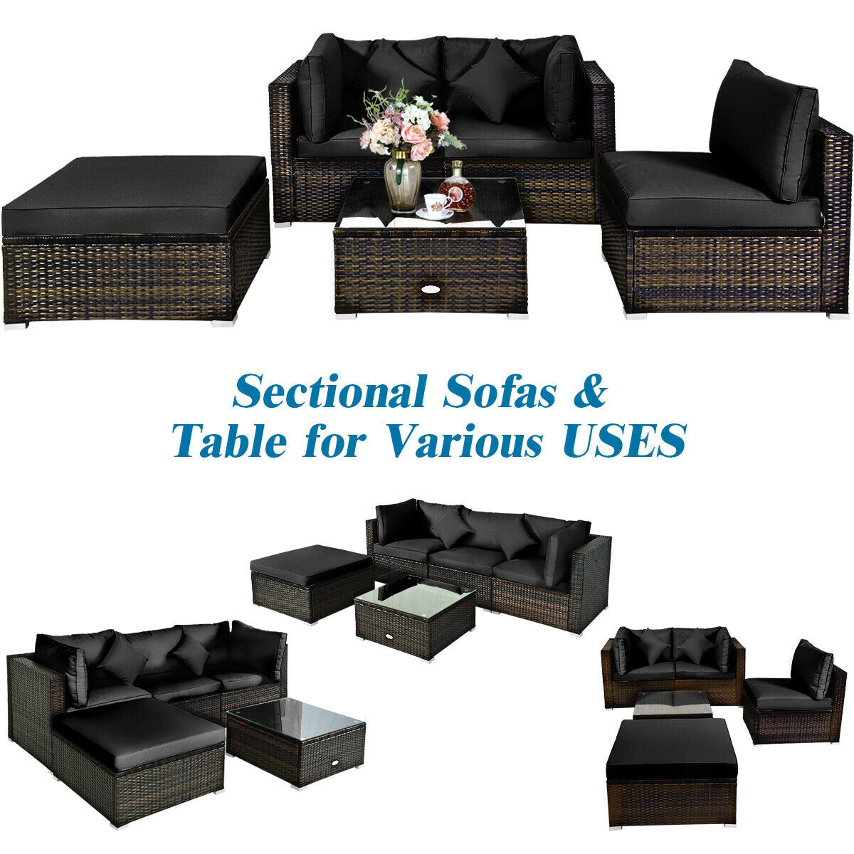 5 Pcs Outdoor Rattan Furniture Set, Sectional Conversation With Cushions, Black Outdoor Sectionals at Gallery Canada