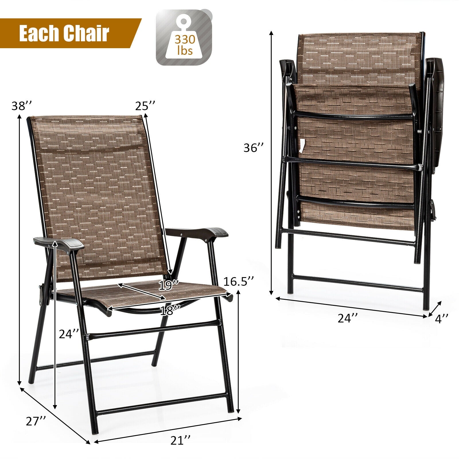 Outdoor Patio Folding Chair With Armrest, 2 Pieces, Brown Patio Dining Chairs at Gallery Canada