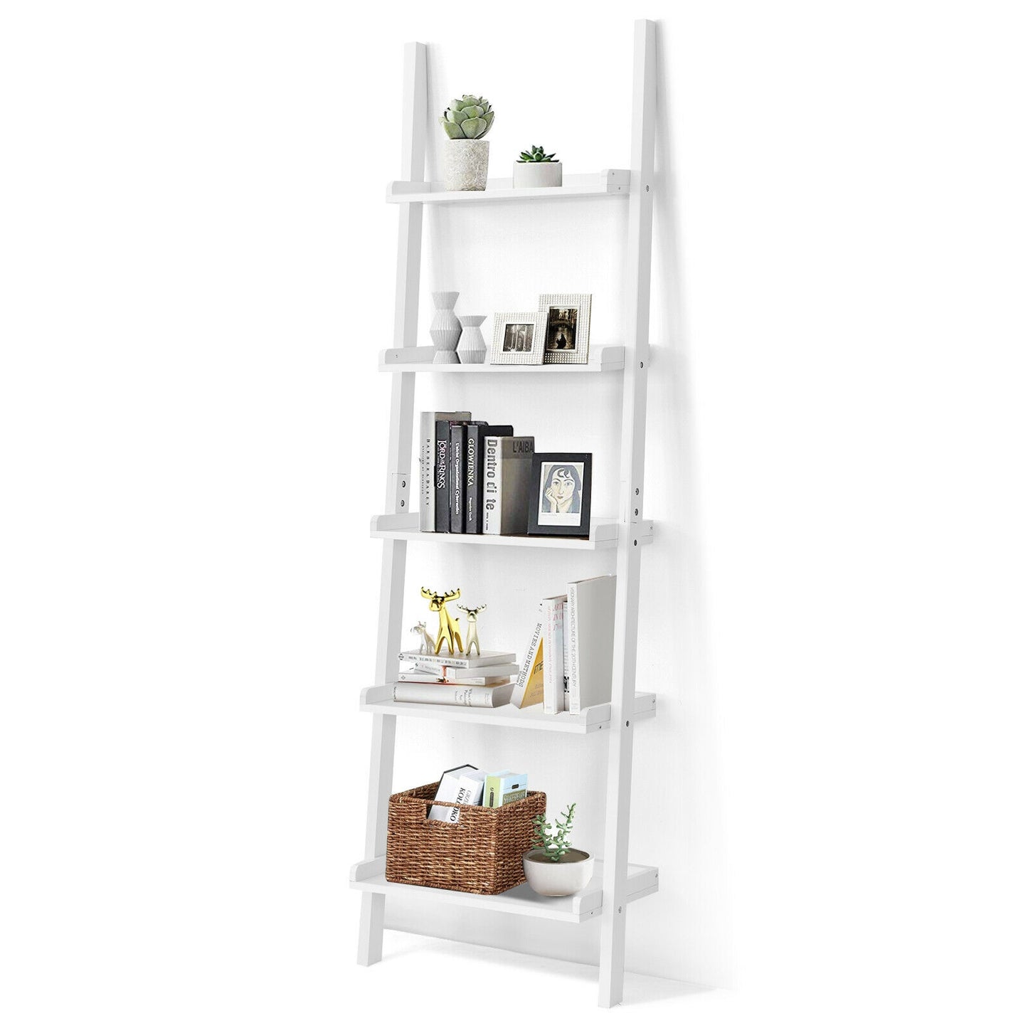 5-Tier Wall Leaning Ladder Shelf Display Rack, White Bookcases at Gallery Canada