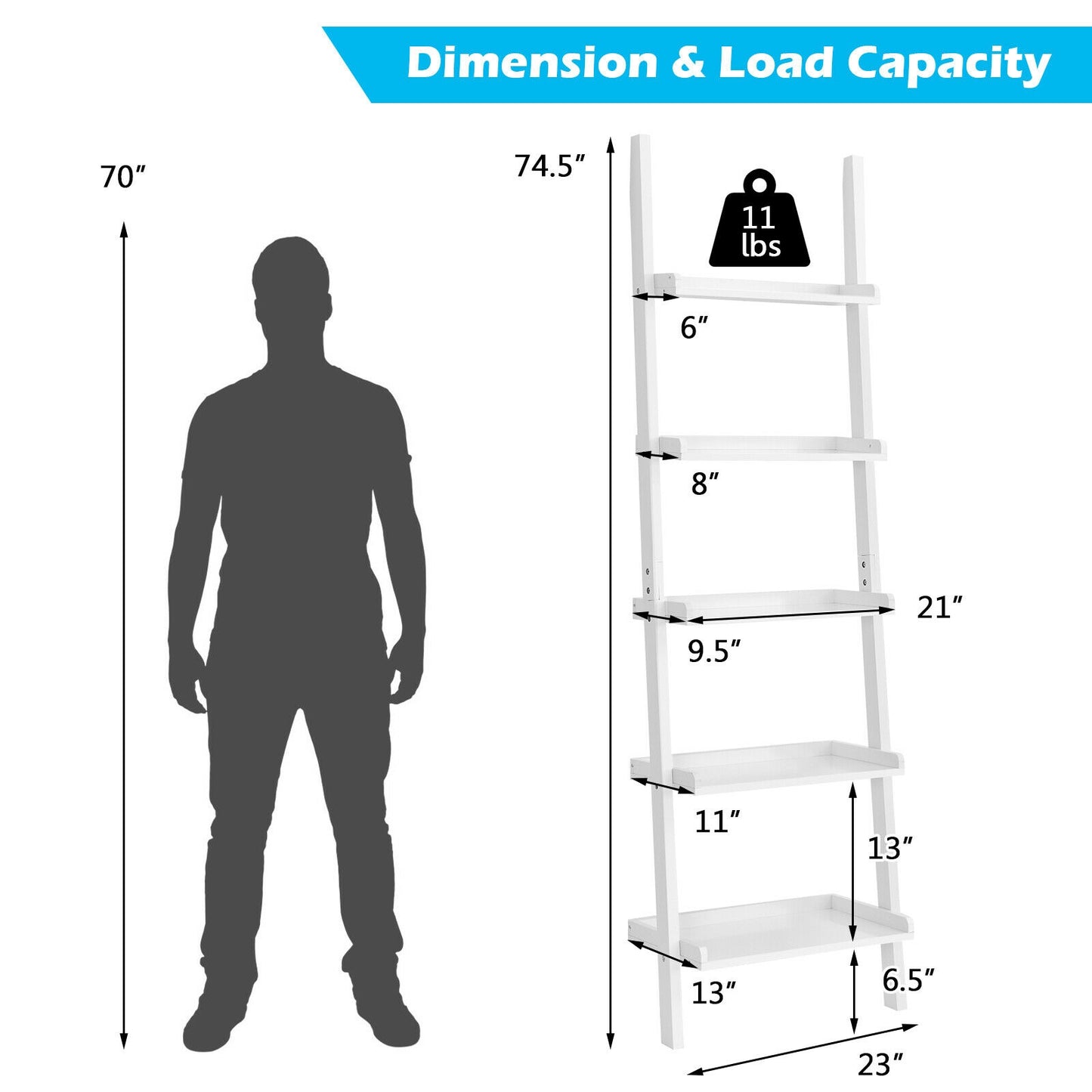 5-Tier Wall Leaning Ladder Shelf Display Rack, White Bookcases at Gallery Canada