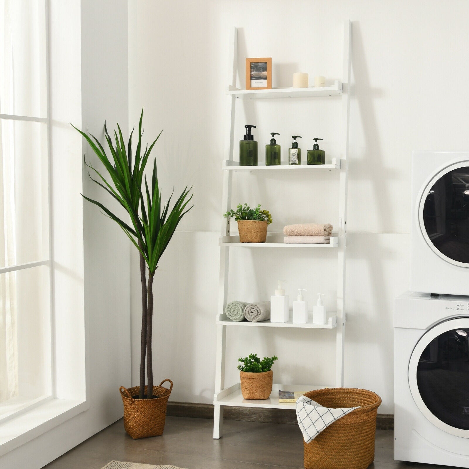 5-Tier Wall Leaning Ladder Shelf Display Rack, White Bookcases at Gallery Canada