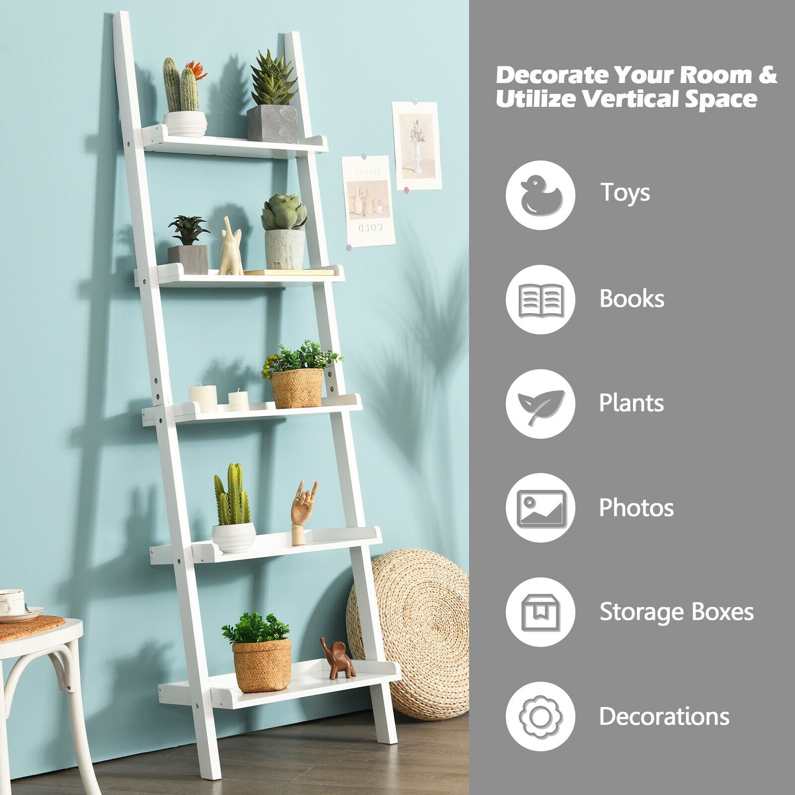 5-Tier Wall Leaning Ladder Shelf Display Rack, White Bookcases at Gallery Canada