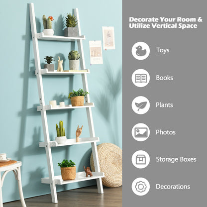 5-Tier Wall Leaning Ladder Shelf Display Rack, White Bookcases at Gallery Canada