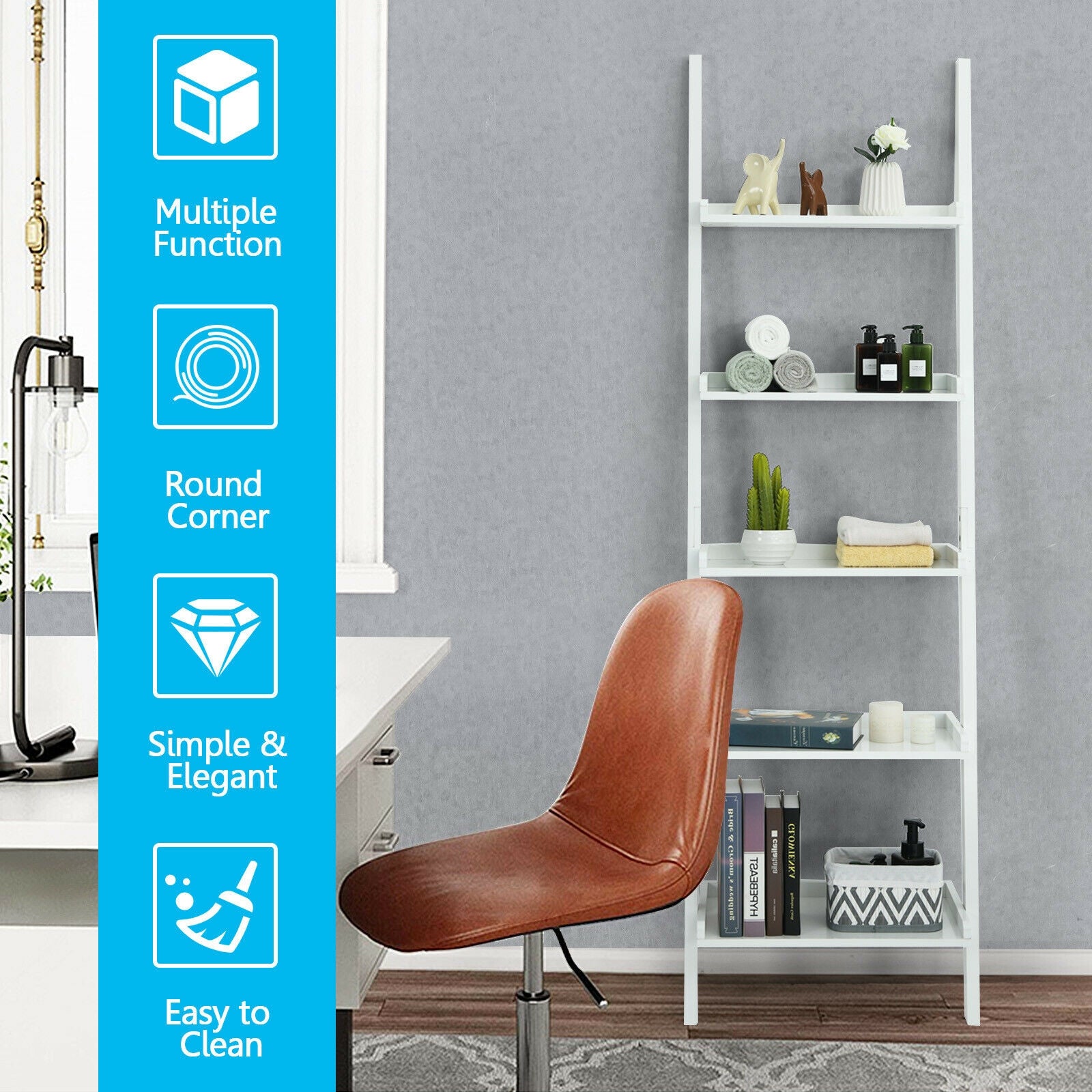 5-Tier Wall Leaning Ladder Shelf Display Rack, White Bookcases at Gallery Canada