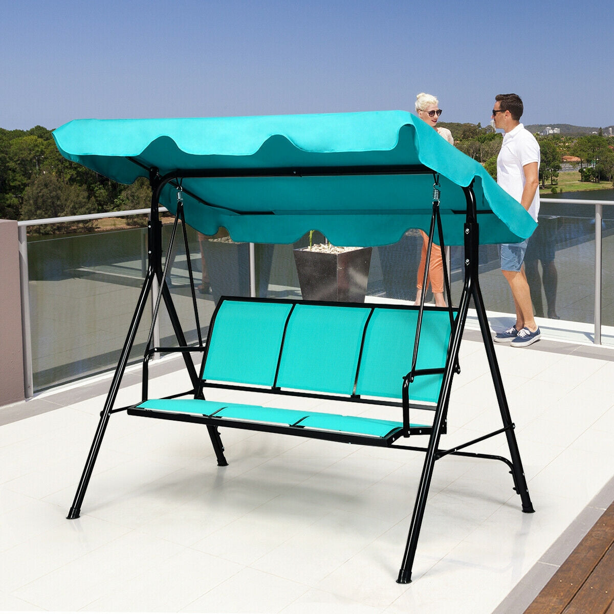 3 Person Patio Swing, Polyester Adjustable Canopy, Steel Frame, Blue Porch Swings at Gallery Canada