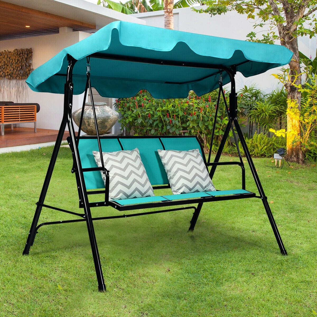 3 Person Patio Swing, Polyester Adjustable Canopy, Steel Frame, Blue Porch Swings at Gallery Canada