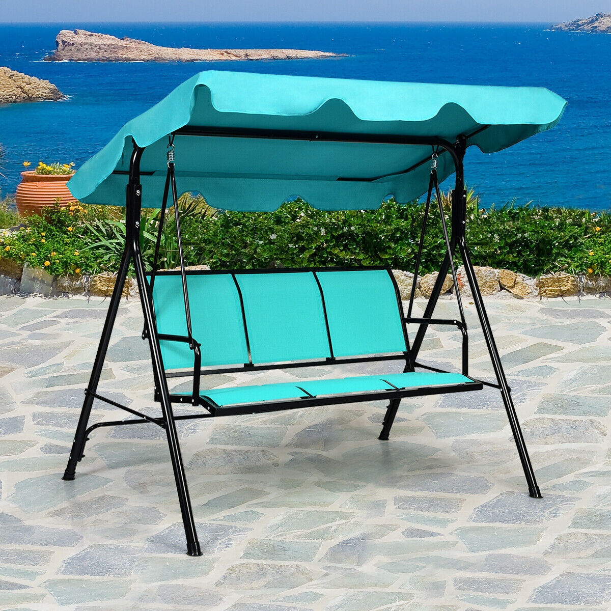 3 Person Patio Swing, Polyester Adjustable Canopy, Steel Frame, Blue Porch Swings at Gallery Canada