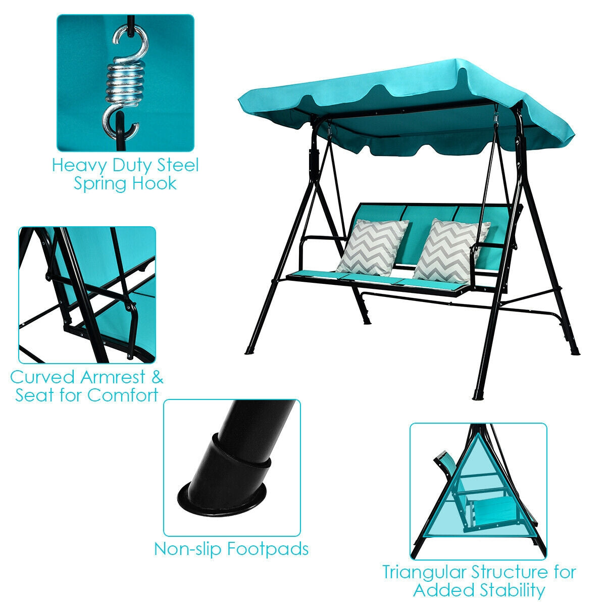 3 Person Patio Swing, Polyester Adjustable Canopy, Steel Frame, Blue Porch Swings at Gallery Canada