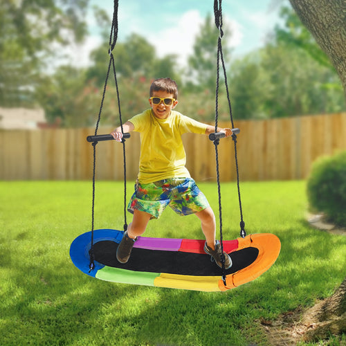 Kids Oval Tree Swing, Adjustable Platform Set With Handle, Multicolor