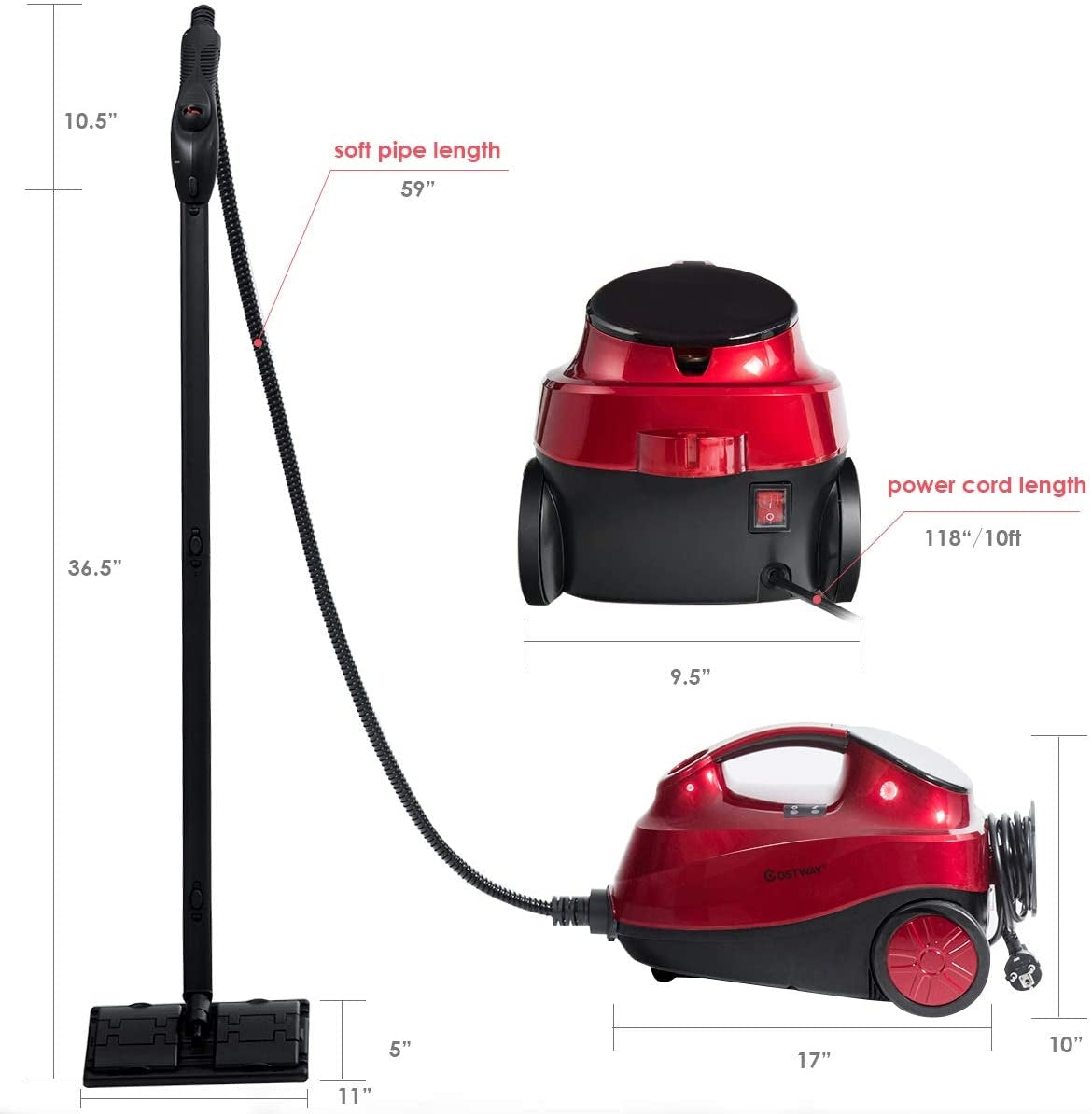 2000W Heavy Duty Steam Cleaner Mop, Detachable Handheld Unit, Red Vacuums & Cleaners at Gallery Canada