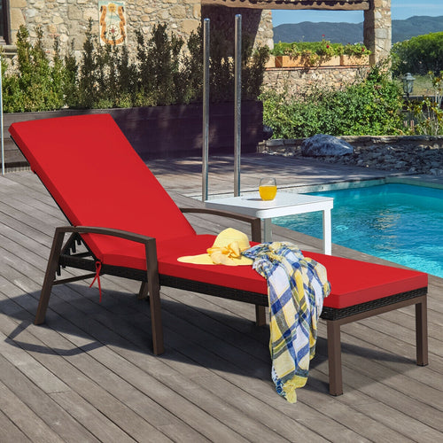 Rattan Lounge Chaise Recliner, Adjustable Back, Cushioned, Red