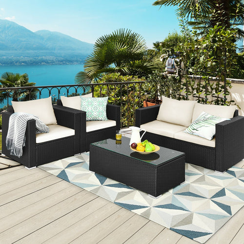 4 Piece Patio Rattan Cushioned Furniture Set, White