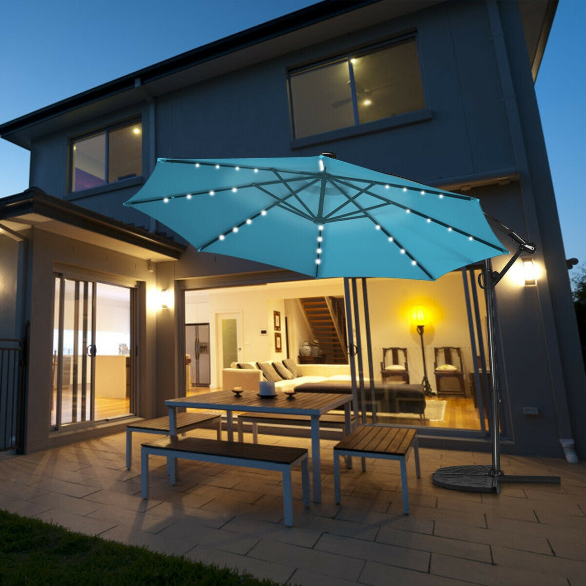 10 ft Solar Powered LED Patio Umbrella, 360° Rotation, Turquoise Outdoor Umbrellas at Gallery Canada