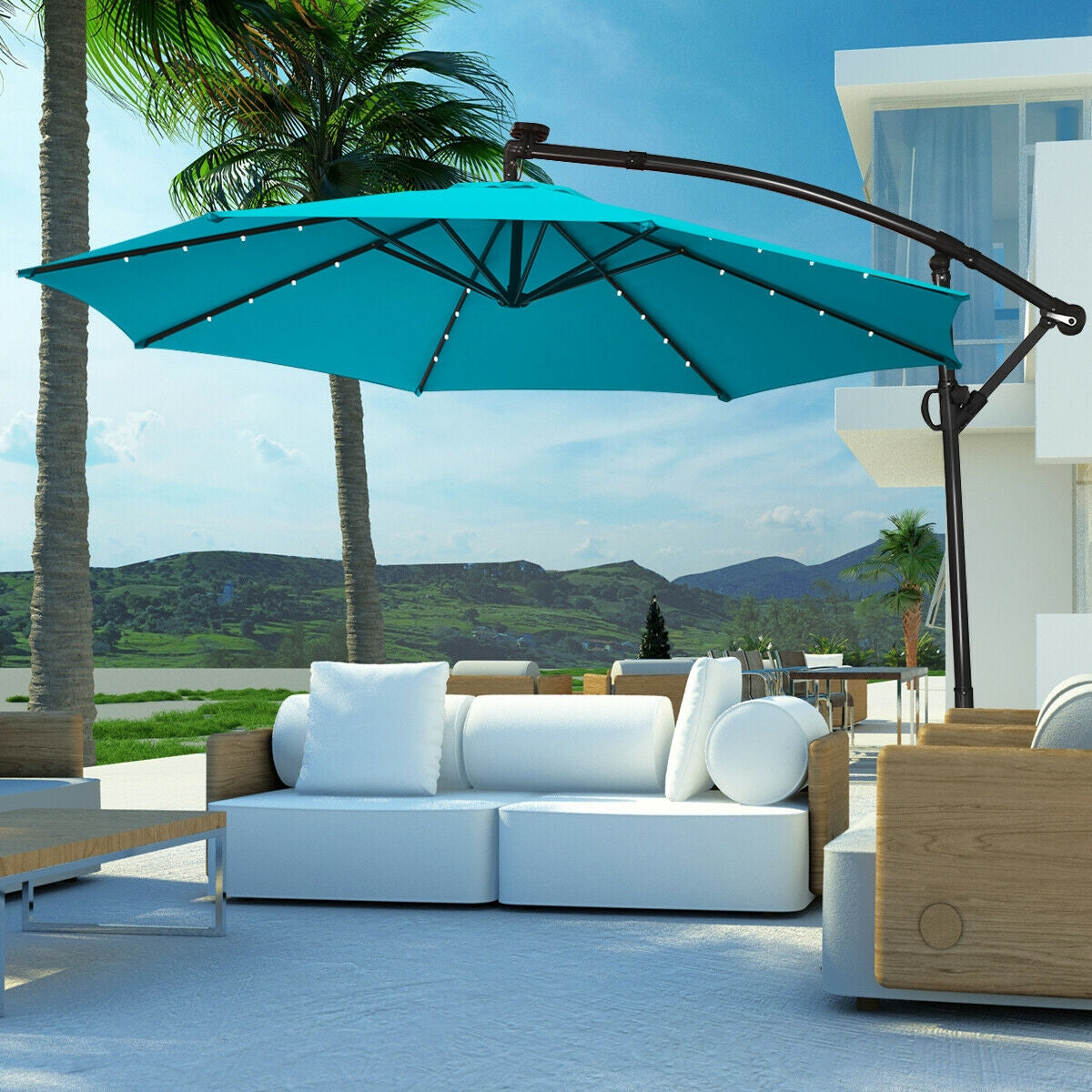 10 ft Solar Powered LED Patio Umbrella, 360° Rotation, Turquoise Outdoor Umbrellas at Gallery Canada