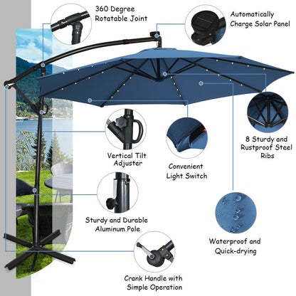 10 ft Solar Powered LED Patio Umbrella, 360° Rotation, Blue Outdoor Umbrellas at Gallery Canada