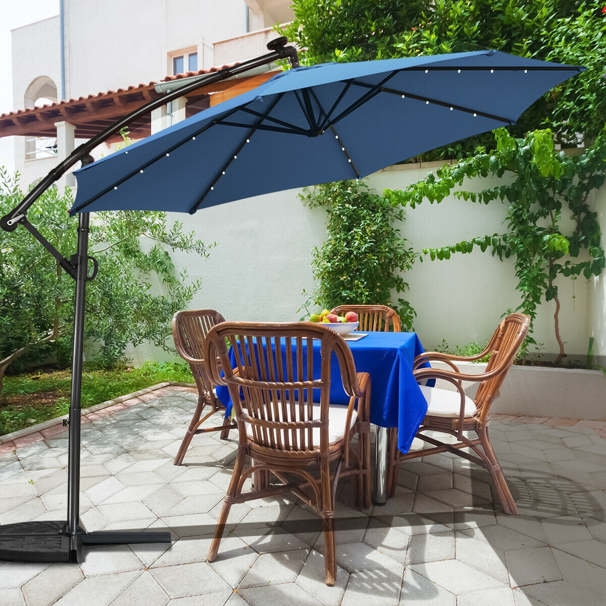 10 ft Solar Powered LED Patio Umbrella, 360° Rotation, Blue Outdoor Umbrellas at Gallery Canada