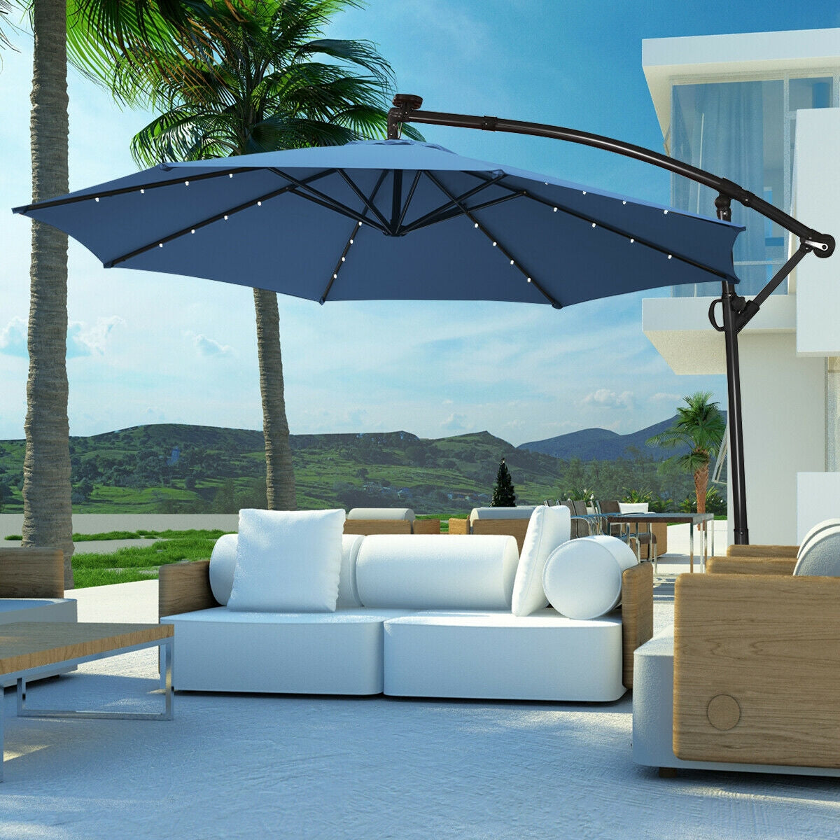 10 ft Solar Powered LED Patio Umbrella, 360° Rotation, Blue Outdoor Umbrellas at Gallery Canada