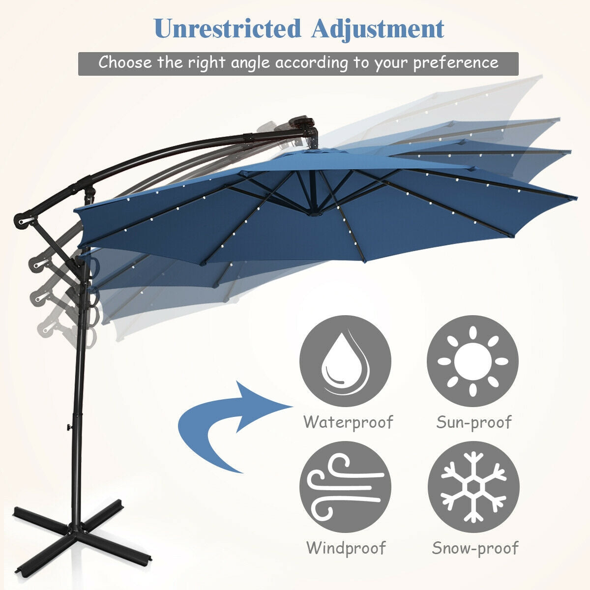 10 ft Solar Powered LED Patio Umbrella, 360° Rotation, Blue Outdoor Umbrellas at Gallery Canada