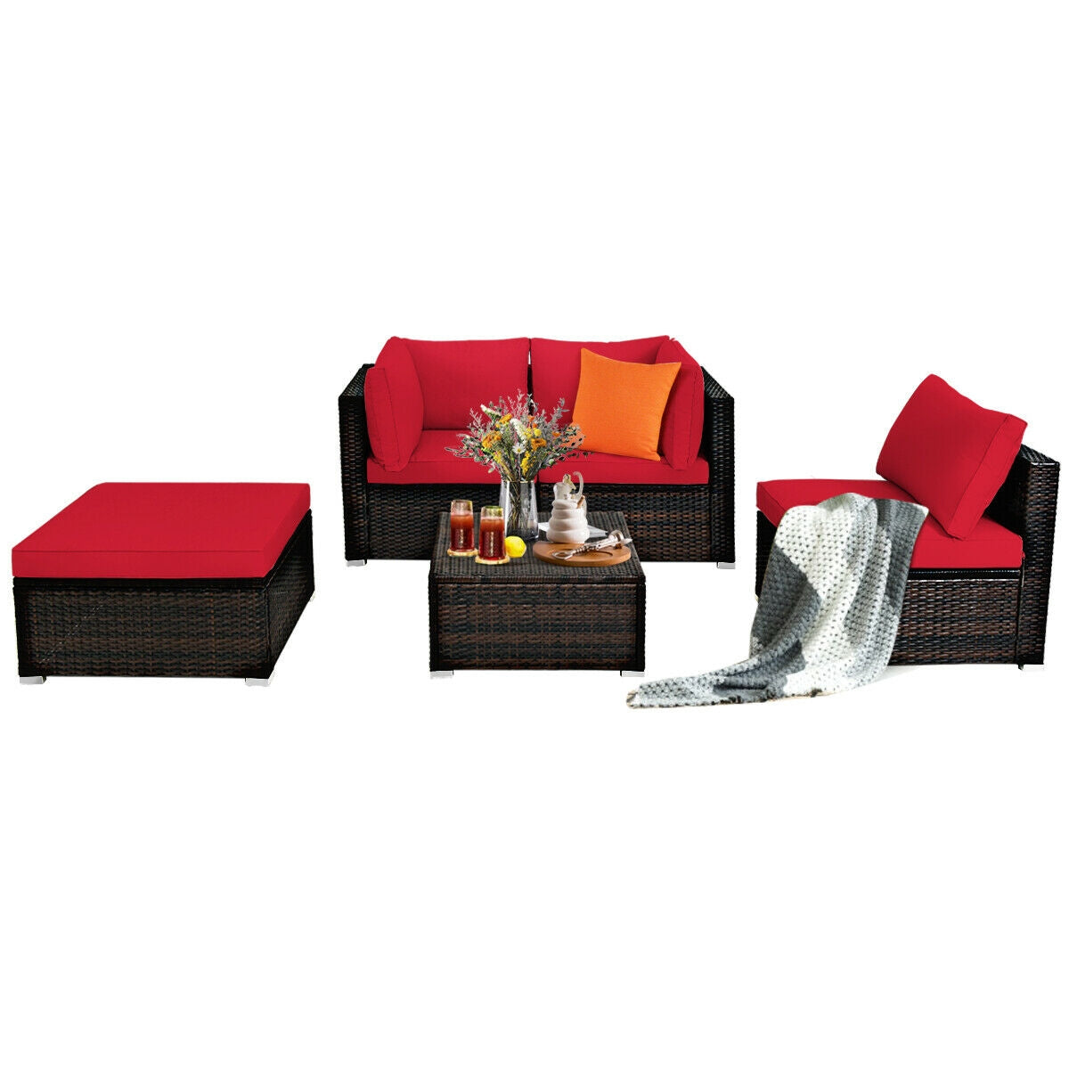 5 Piece Patio Rattan Sofa Set With Cushion, Ottoman, Red Outdoor Sectionals at Gallery Canada